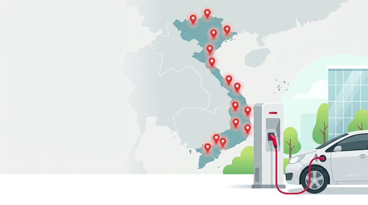 Bản đồ trạm sạc xe điện trên khắp Việt Nam, ô tô điện đang sạc tại trụ sạc nhanh