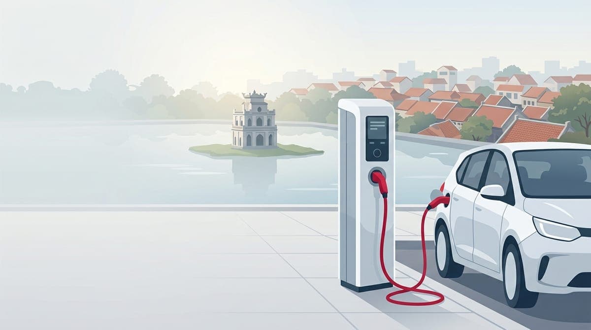 Trạm sạc xe điện tại Hà Nội bên hồ Gươm, ô tô điện đang sạc tại trụ sạc