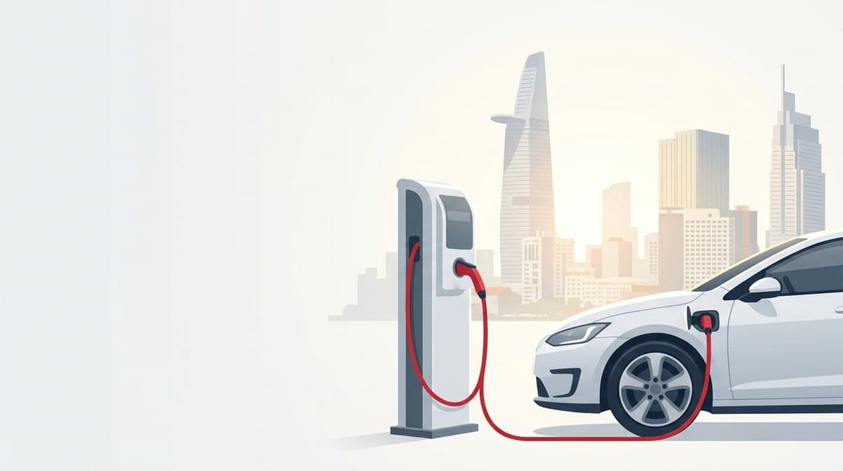 Trạm sạc xe điện tại TP.HCM với skyline thành phố, ô tô điện đang sạc tại trụ sạc